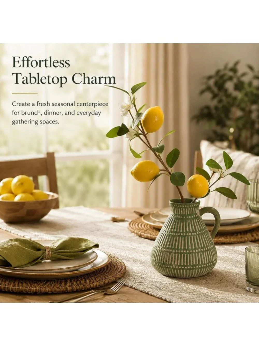 Small Green Clay Vase with Faux Lemon Branch - Charming Lemon Decor Accent